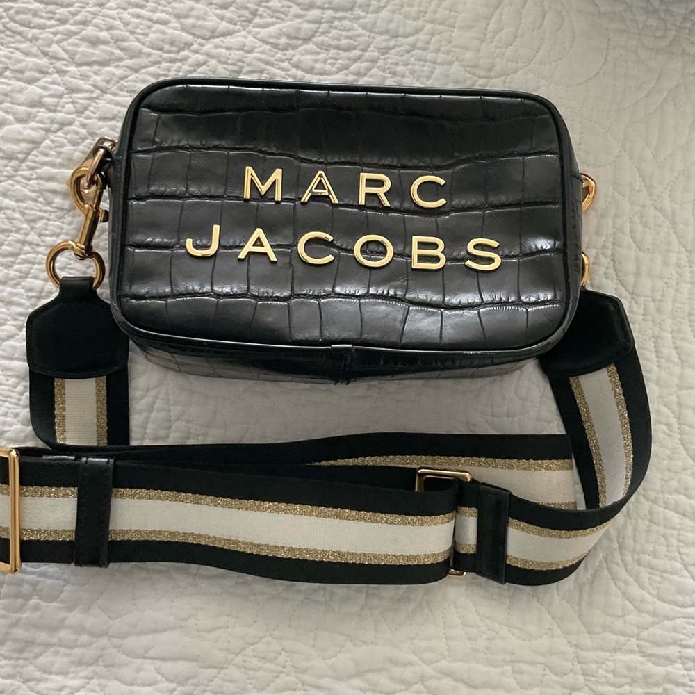 Authentic-Marc Jacobs Black Crossbody Bag with Gold Lettering